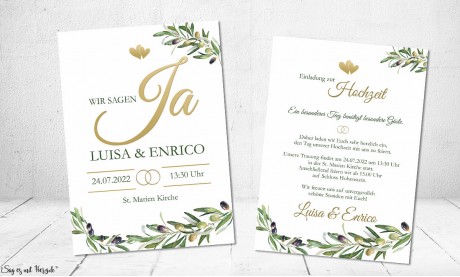 Einladungskarten Hochzeit Olivenzweig oliv gold