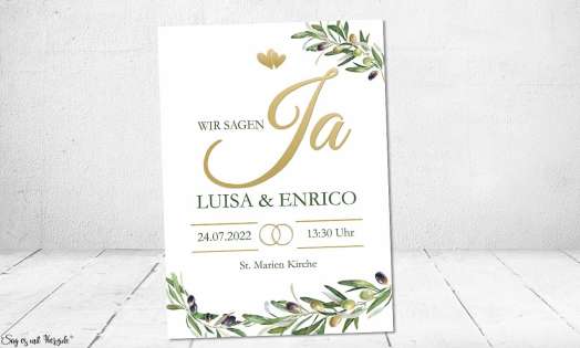 Einladungskarten Hochzeit Olivenzweig oliv gold