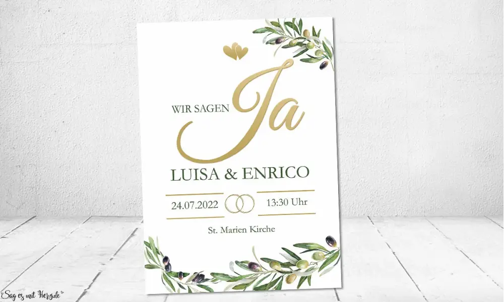 Einladungskarten Hochzeit Olivenzweig oliv gold