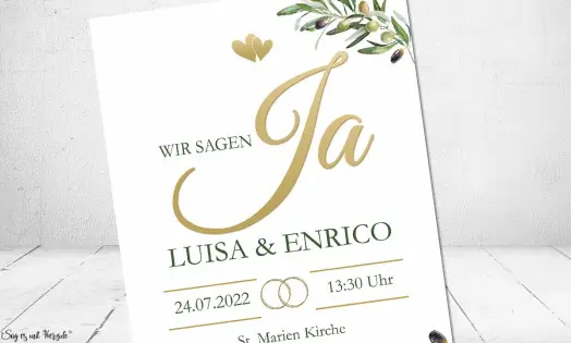 Einladungskarten Hochzeit Olivenzweig oliv gold