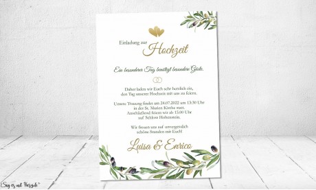 Einladungskarten Hochzeit Olivenzweig oliv gold