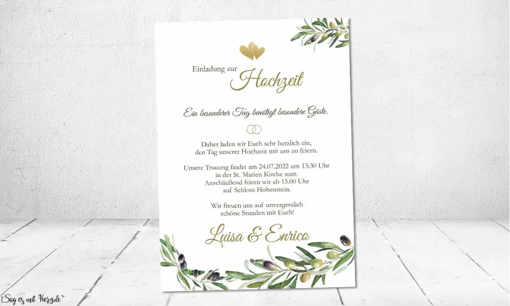 Einladungskarten Hochzeit Olivenzweig oliv gold