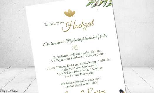 Einladungskarten Hochzeit Olivenzweig oliv gold