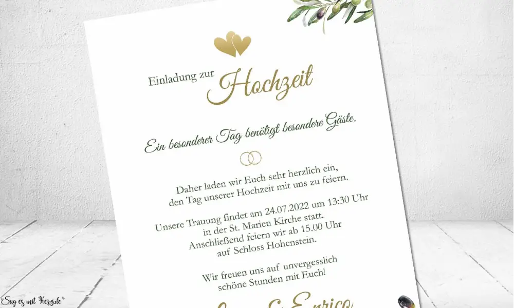 Einladungskarten Hochzeit Olivenzweig oliv gold