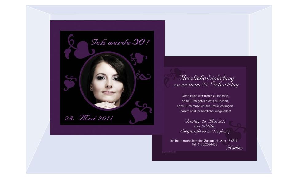 Einladung 30. Geburtstag, Flachkarte 12,5x12,5 cm, schwarz lila