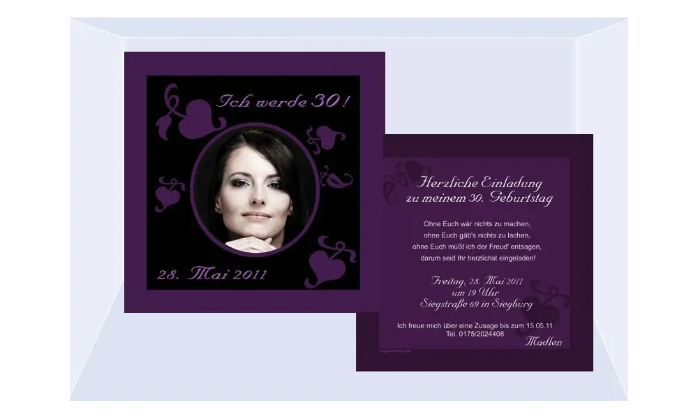 Einladung 30. Geburtstag, Flachkarte 12,5x12,5 cm, schwarz lila