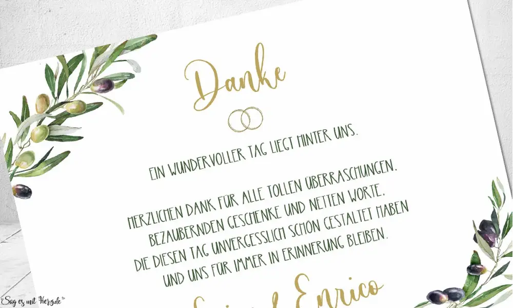 Dankeskarten Hochzeit Olive Olivenzwei olivgrün gold Postkarte