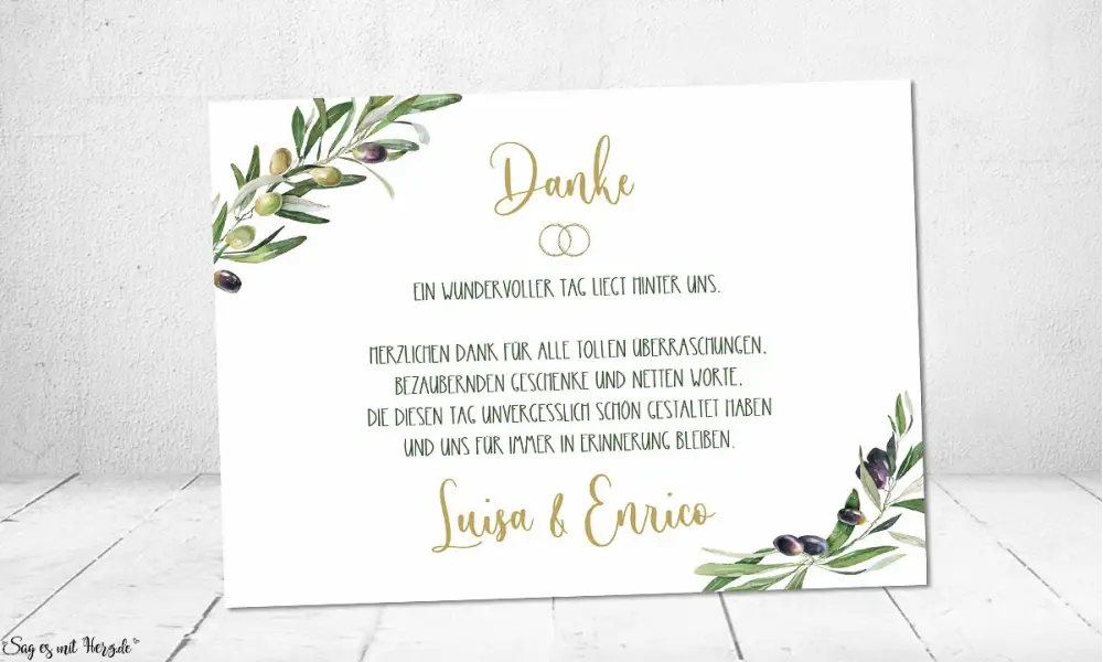 Dankeskarten Hochzeit Olive Olivenzwei olivgrün gold Postkarte