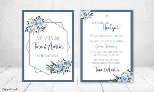 Hochzeitseinladung Vintage Aquarell Blumen blau