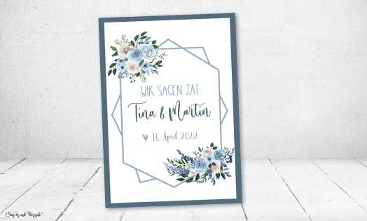 Hochzeitseinladung Vintage Aquarell Blumen blau