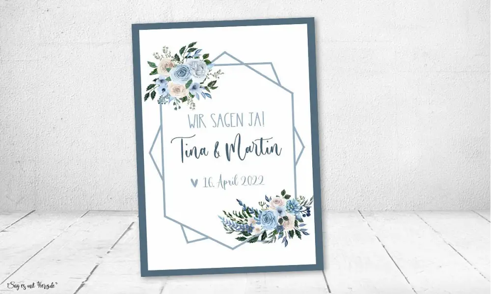 Hochzeitseinladung Vintage Aquarell Blumen blau