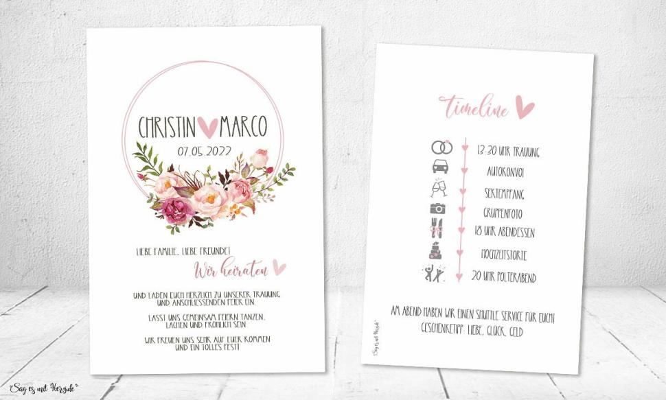 Einladungskarten Hochzeit Boho floral mit Timeline