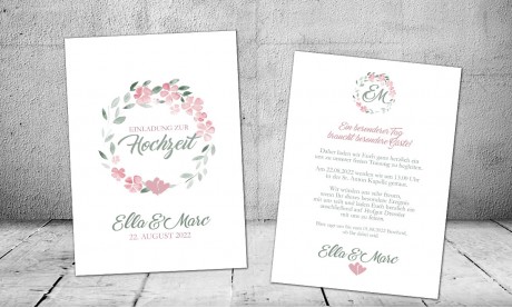 Einladungskarten Boho Hochzeit  Blumen rosa Aquarell