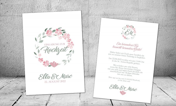 Einladungskarten Boho Hochzeit  Blumen rosa Aquarell