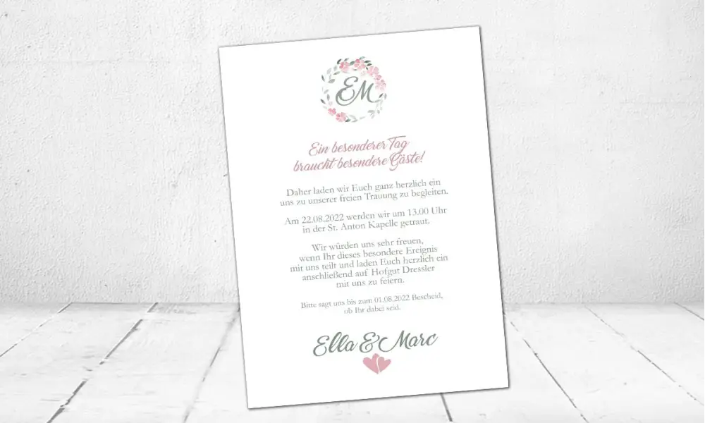 Einladungskarten Boho Hochzeit  Blumen rosa Aquarell