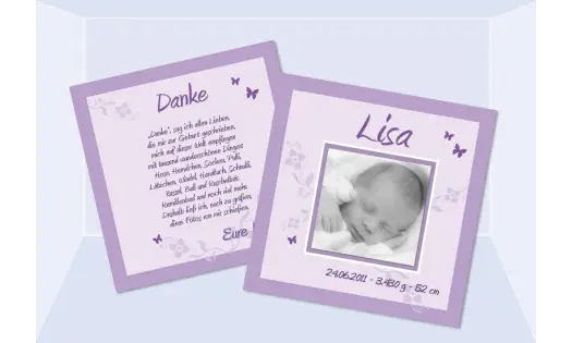 Babykarte, Danksagung Geburt "Lisa", zweiseitig Quadrat, flieder