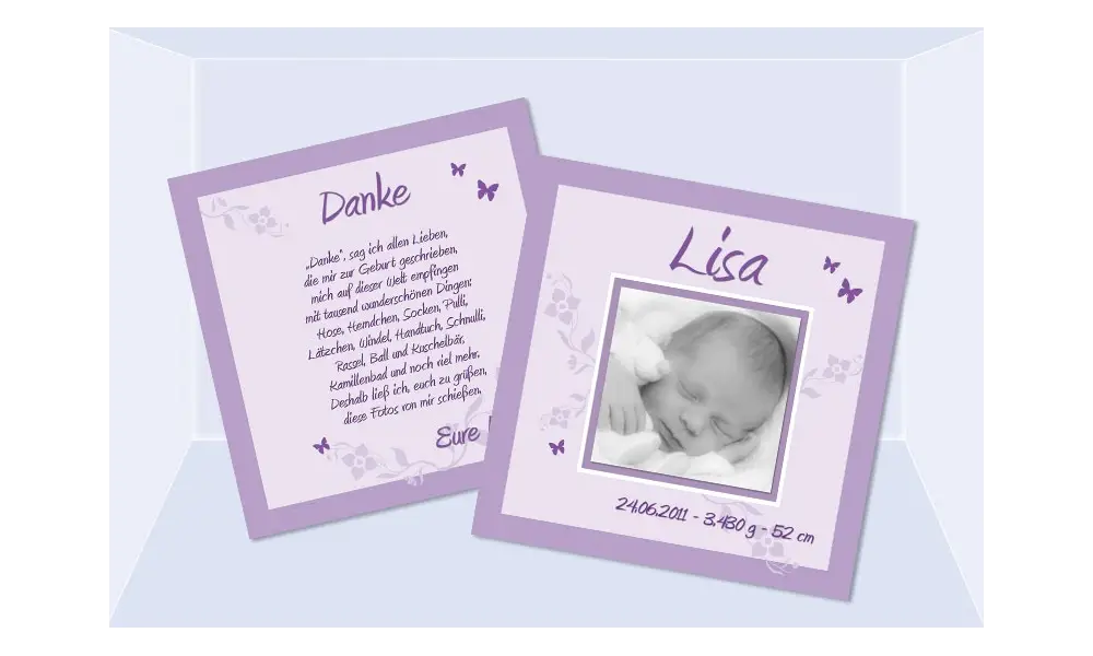 Babykarte, Danksagung Geburt "Lisa", zweiseitig Quadrat, flieder