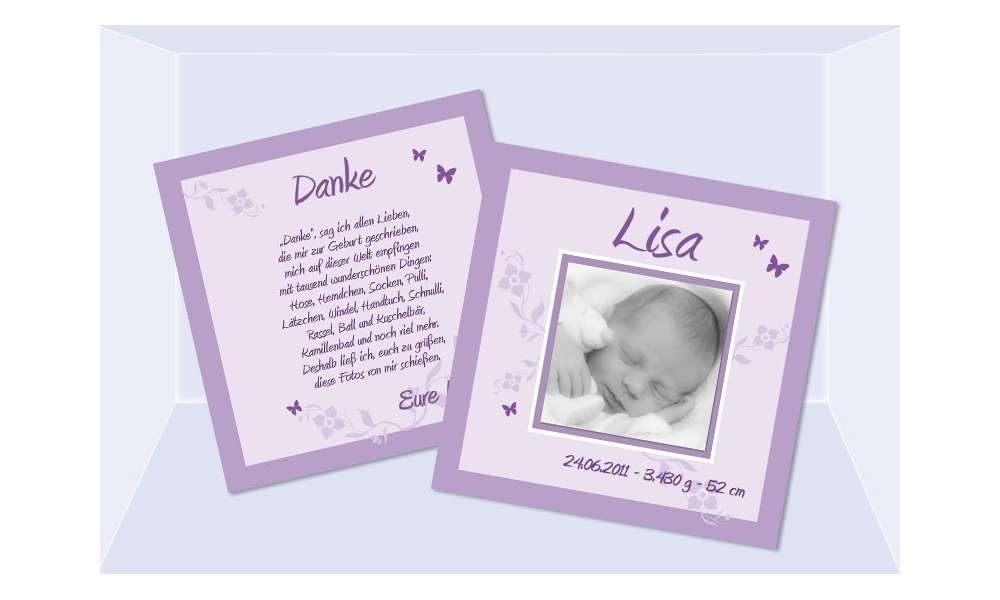 Babykarte, Danksagung Geburt "Lisa", zweiseitig Quadrat, flieder Babykarte, Danksagung Geburt "Lisa", zweiseitig Quadrat, flieder