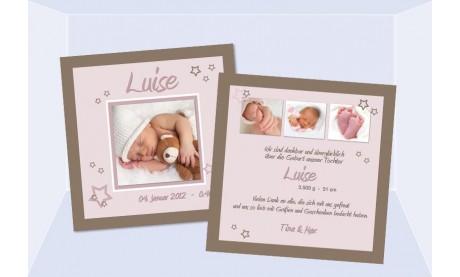 Babykarte, Danksagung Geburt "Luise", zweiseitig Quadrat, braun rosa