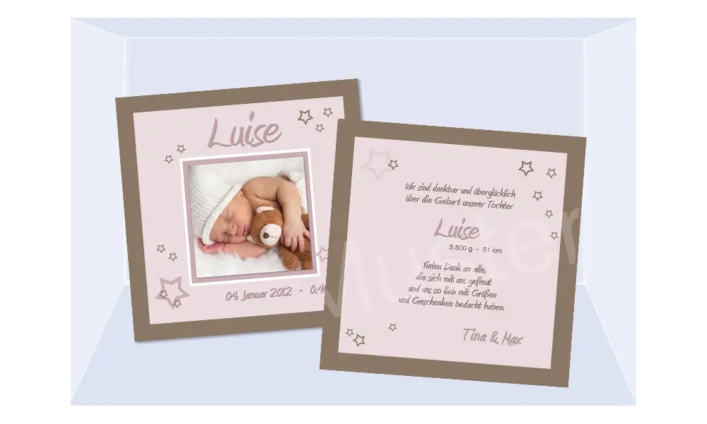 Babykarte, Danksagung Geburt "Luise", zweiseitig Quadrat, braun rosa