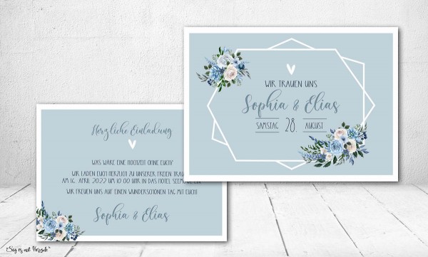 Einladungskarten Hochzeit Boho blau floral