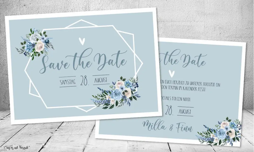 Save the Date Einladung Boho Hochzeit floral blau