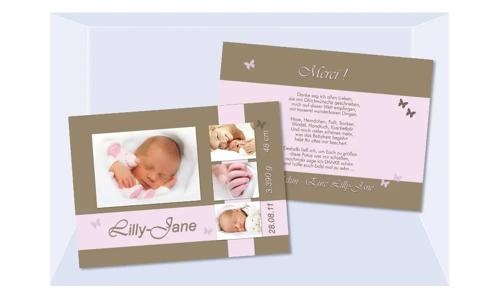Danksagungskarte, Geburt "Lilly" A6, braun rosa