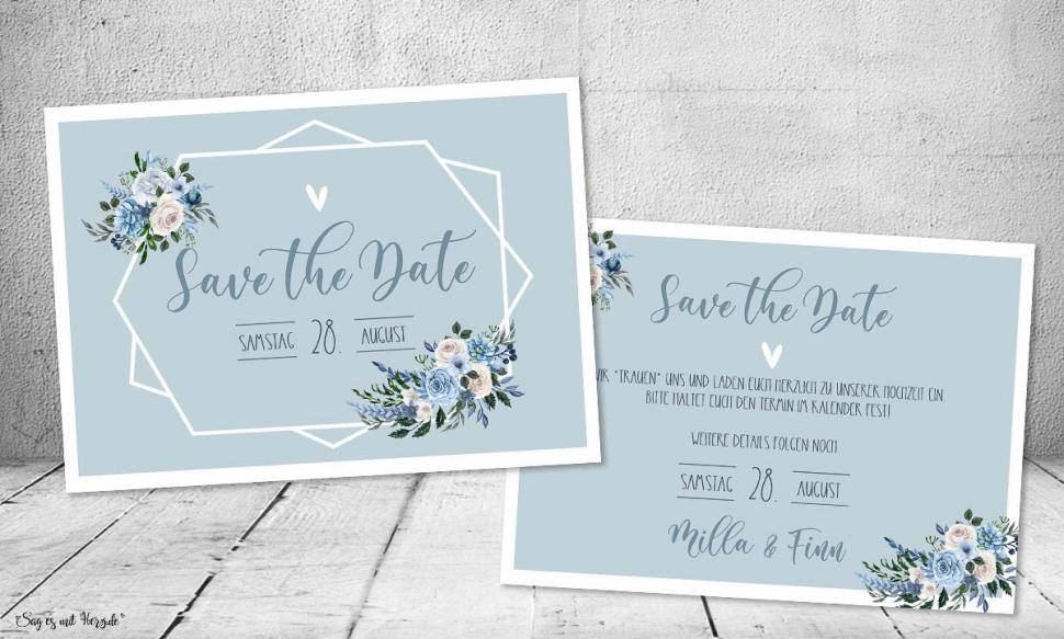 Save the Date Einladung Boho Hochzeit floral blau