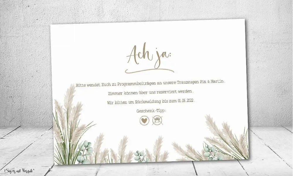 Einladungskarten Hochzeit Boho Pampasgras