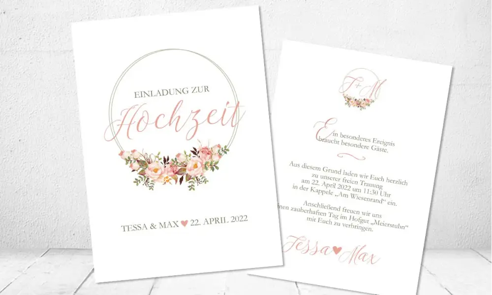 Hochzeitseinladung Vintage Blumenkranz rosa
