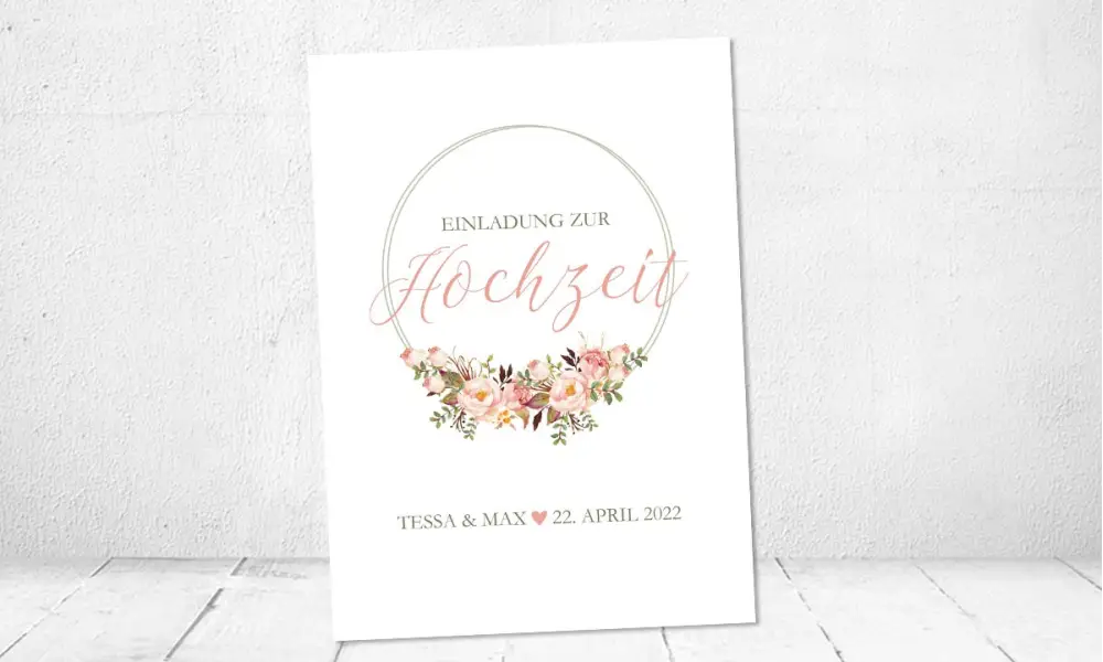 Hochzeitseinladung Vintage Blumenkranz rosa