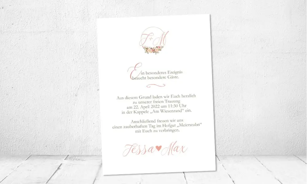 Hochzeitseinladung Vintage Blumenkranz rosa