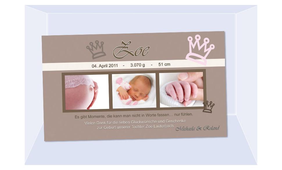 Danksagungskarte Geburt Baby "Zoe", Krone, Geburtskarte
