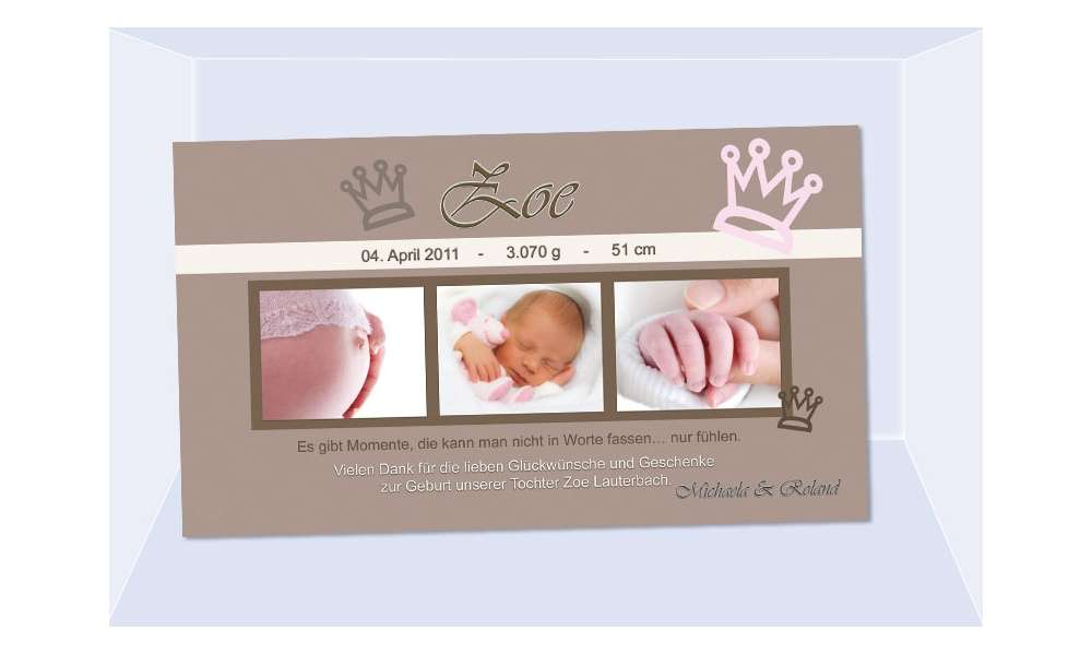 Danksagungskarte Geburt Baby "Zoe", Krone, Geburtskarte Danksagungskarte Geburt Baby "Zoe", Krone, Geburtskarte