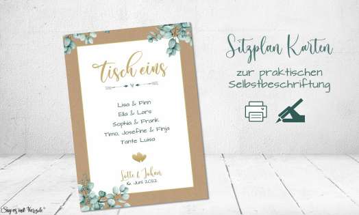 Sitzplan Tisch Karten Hochzeit Vintage Kraftpapier Eukalyptus