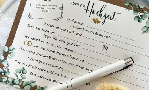 Gästebuch Karten Hochzeit Vintage Kraftpapier Eukalyptus mit Fragen