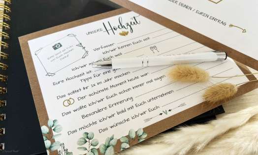 Gästebuch Karten Hochzeit Vintage Kraftpapier Eukalyptus mit Fragen