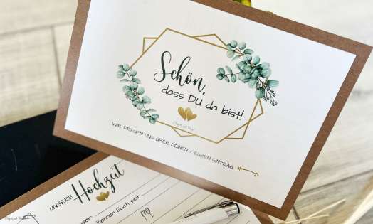 Gästebuch Karten Hochzeit Vintage Kraftpapier Eukalyptus mit Fragen