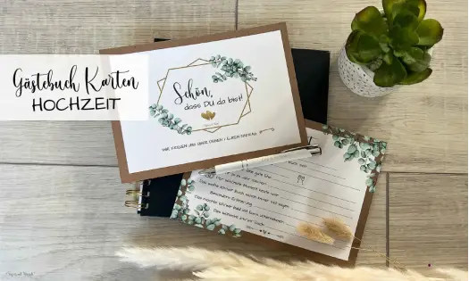 Gästebuch Karten Hochzeit Vintage Kraftpapier Eukalyptus mit Fragen