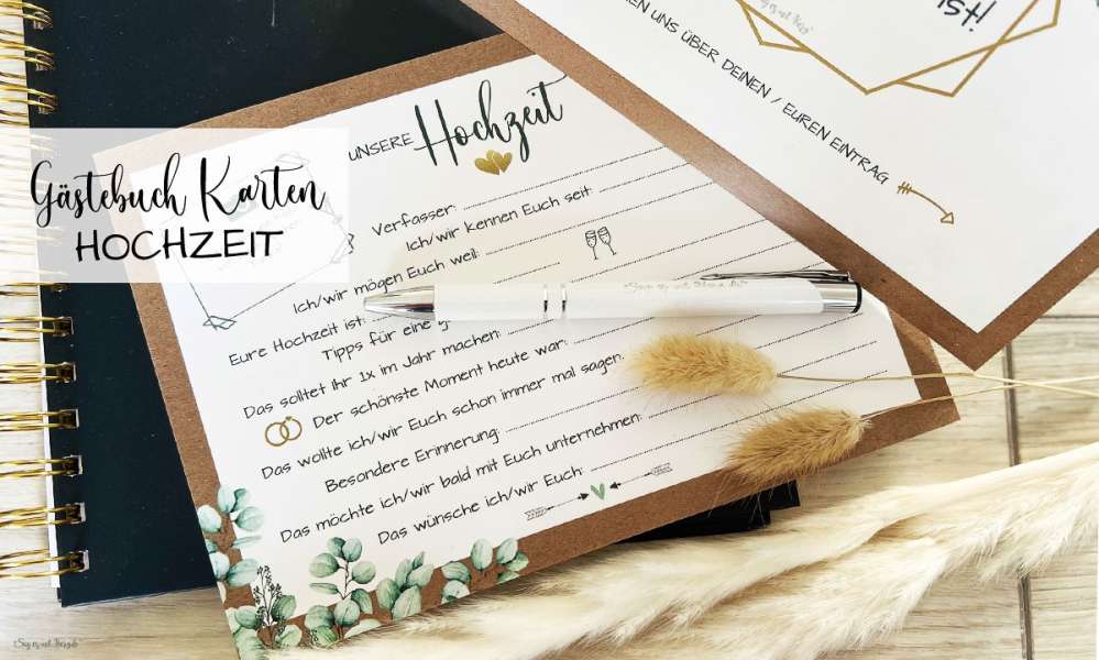 Gästebuch Karten Hochzeit Vintage Kraftpapier Eukalyptus mit Fragen