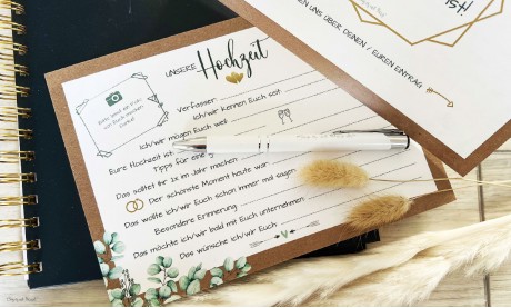 Gästebuch Karten Hochzeit Vintage Kraftpapier Eukalyptus mit Fragen