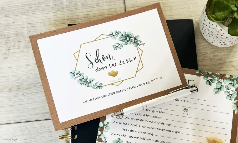 Gästebuch Karten Hochzeit Vintage Kraftpapier Eukalyptus mit Fragen