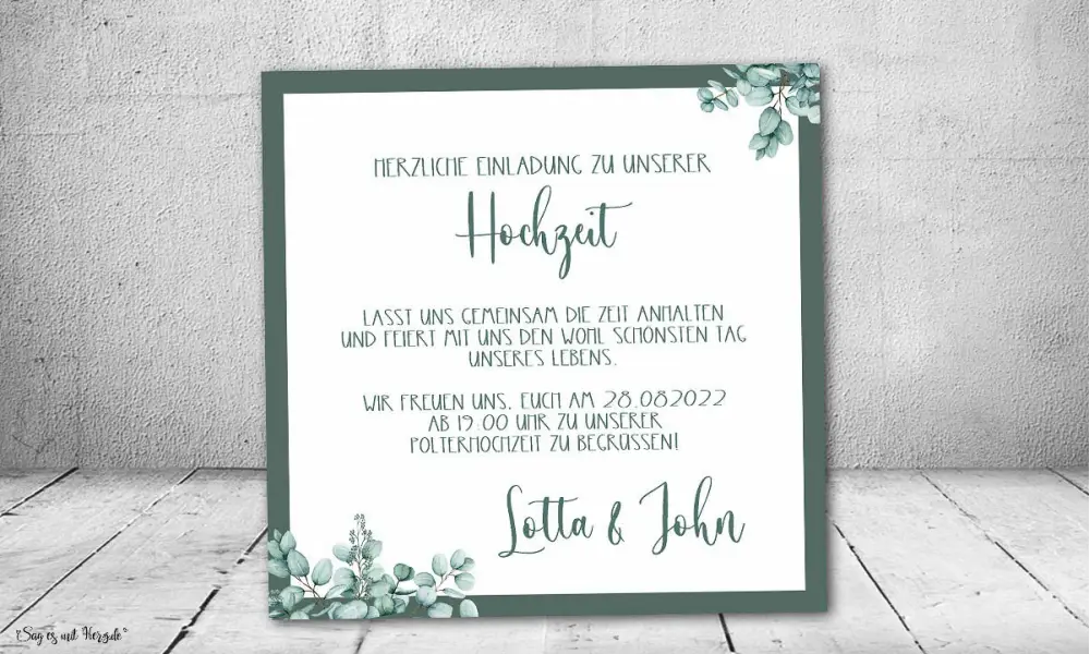Einladungskarten Boho Hochzeit quadratisch mit Eukalyptus