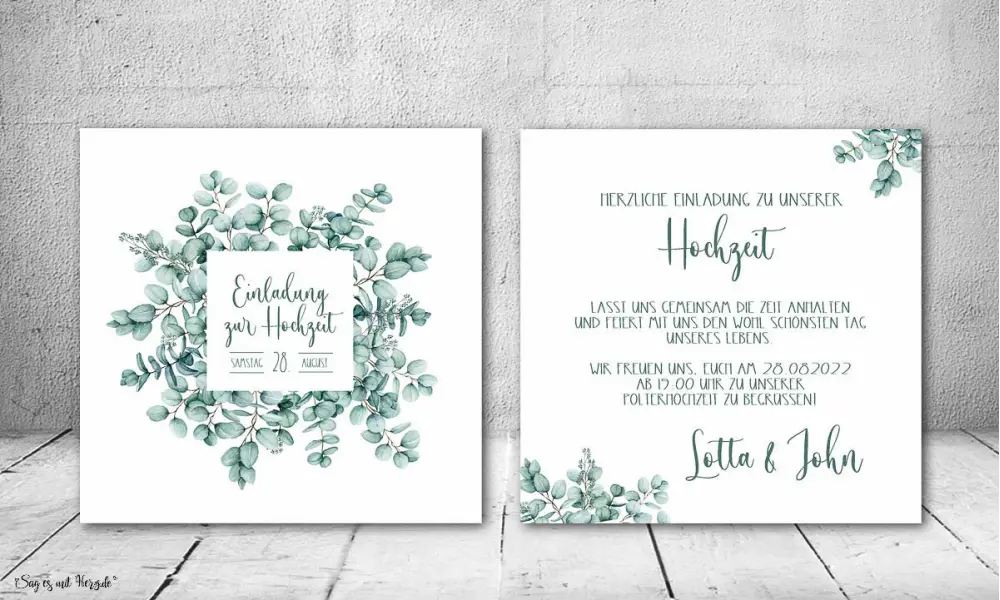 Einladungskarten Boho Hochzeit quadratisch mit Eukalyptus