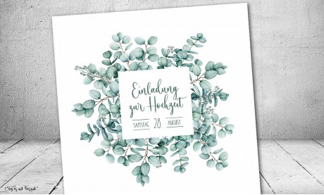 Einladungskarten Boho Hochzeit quadratisch mit Eukalyptus