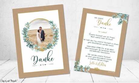 Dankeskarten Kraftpapier zur Hochzeit Eukalyptusring Gold