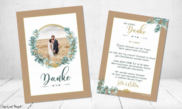 Dankeskarten Kraftpapier zur Hochzeit Eukalyptusring Gold