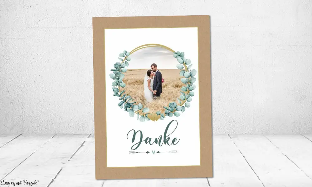 Dankeskarten Kraftpapier zur Hochzeit Eukalyptusring Gold