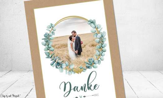 Dankeskarten Kraftpapier zur Hochzeit Eukalyptusring Gold