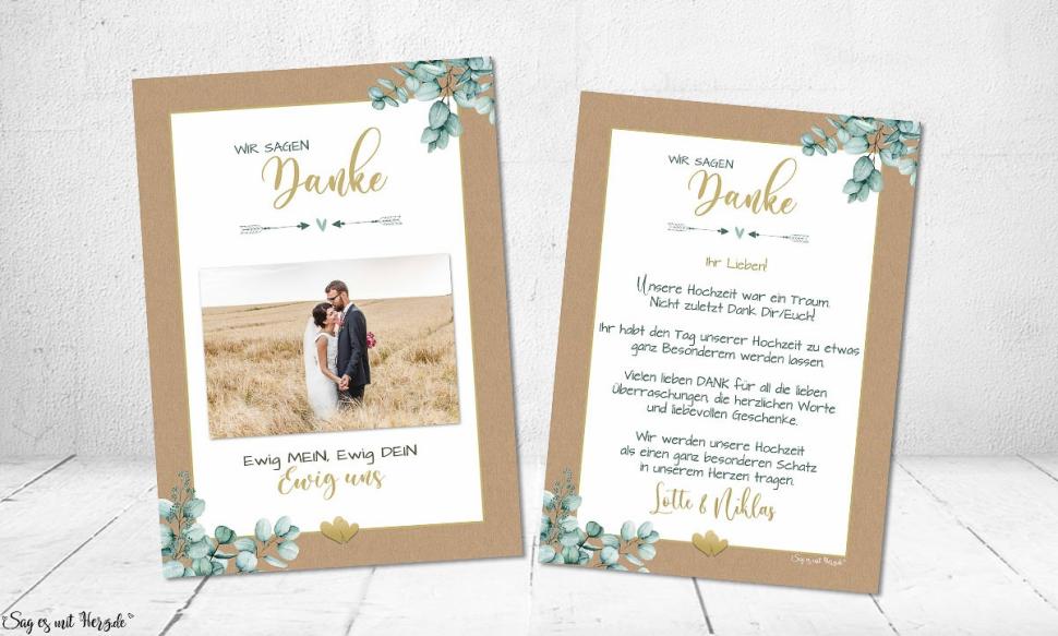 Dankeskarte Hochzeit Kraftpapier Eukalyptus gold Postkarte